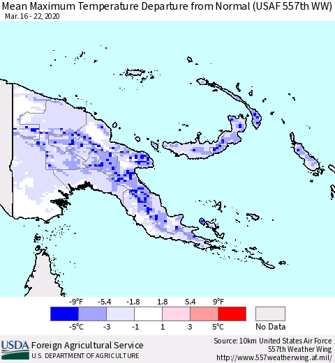 Papua New Guinea Mean Maximum Temperature Departure from Normal (USAF 557th WW) Thematic Map For 3/16/2020 - 3/22/2020