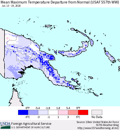 Papua New Guinea Mean Maximum Temperature Departure from Normal (USAF 557th WW) Thematic Map For 7/13/2020 - 7/19/2020