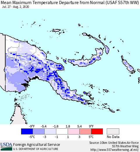 Papua New Guinea Mean Maximum Temperature Departure from Normal (USAF 557th WW) Thematic Map For 7/27/2020 - 8/2/2020