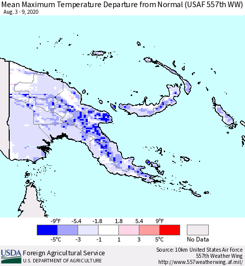 Papua New Guinea Mean Maximum Temperature Departure from Normal (USAF 557th WW) Thematic Map For 8/3/2020 - 8/9/2020