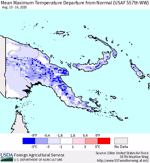 Papua New Guinea Mean Maximum Temperature Departure from Normal (USAF 557th WW) Thematic Map For 8/10/2020 - 8/16/2020