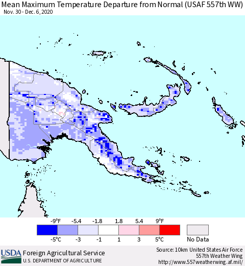 Papua New Guinea Mean Maximum Temperature Departure from Normal (USAF 557th WW) Thematic Map For 11/30/2020 - 12/6/2020