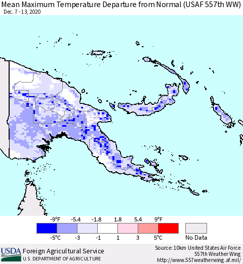 Papua New Guinea Mean Maximum Temperature Departure from Normal (USAF 557th WW) Thematic Map For 12/7/2020 - 12/13/2020
