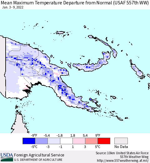 Papua New Guinea Mean Maximum Temperature Departure from Normal (USAF 557th WW) Thematic Map For 1/3/2022 - 1/9/2022