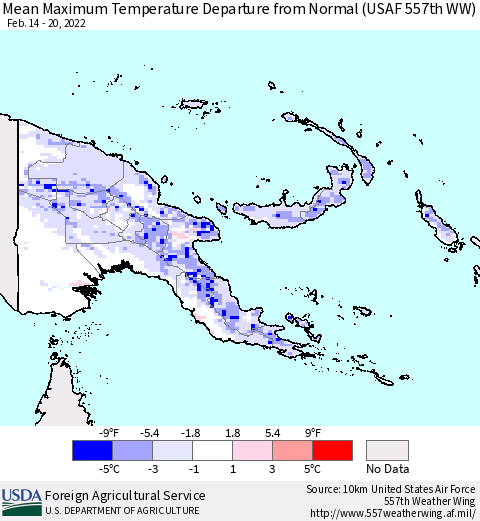 Papua New Guinea Mean Maximum Temperature Departure from Normal (USAF 557th WW) Thematic Map For 2/14/2022 - 2/20/2022