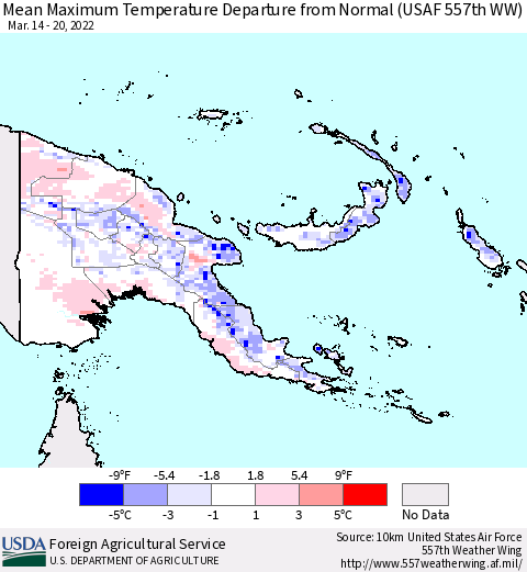 Papua New Guinea Mean Maximum Temperature Departure from Normal (USAF 557th WW) Thematic Map For 3/14/2022 - 3/20/2022