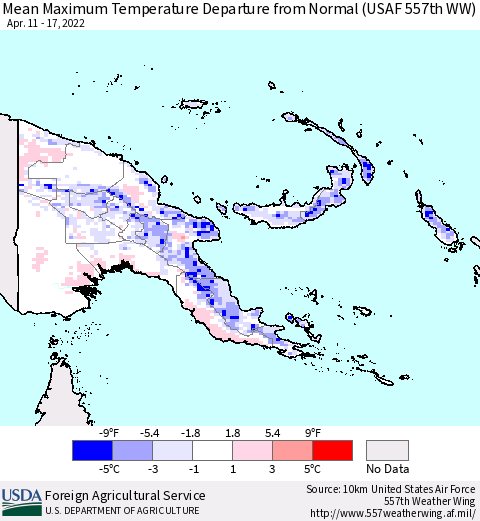 Papua New Guinea Mean Maximum Temperature Departure from Normal (USAF 557th WW) Thematic Map For 4/11/2022 - 4/17/2022