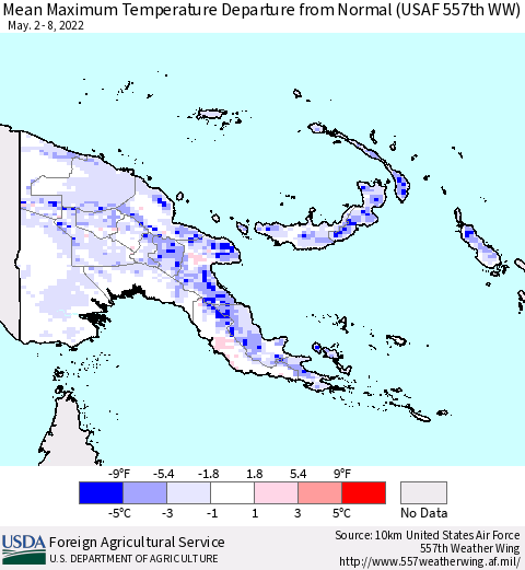 Papua New Guinea Mean Maximum Temperature Departure from Normal (USAF 557th WW) Thematic Map For 5/2/2022 - 5/8/2022