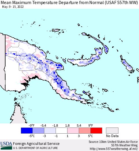Papua New Guinea Mean Maximum Temperature Departure from Normal (USAF 557th WW) Thematic Map For 5/9/2022 - 5/15/2022