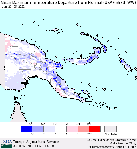 Papua New Guinea Mean Maximum Temperature Departure from Normal (USAF 557th WW) Thematic Map For 6/20/2022 - 6/26/2022