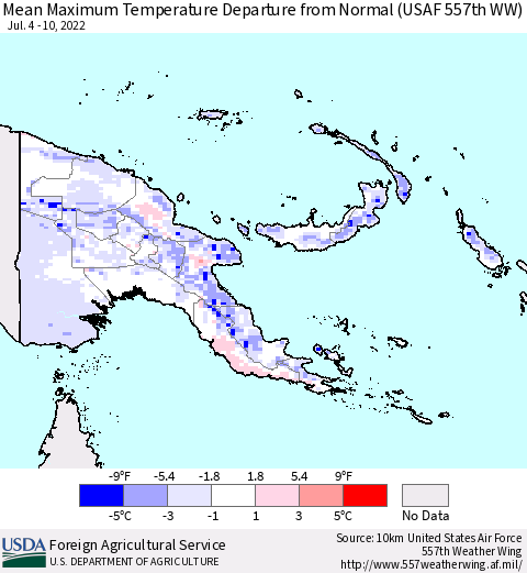 Papua New Guinea Mean Maximum Temperature Departure from Normal (USAF 557th WW) Thematic Map For 7/4/2022 - 7/10/2022