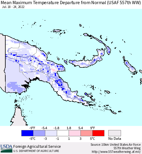 Papua New Guinea Mean Maximum Temperature Departure from Normal (USAF 557th WW) Thematic Map For 7/18/2022 - 7/24/2022