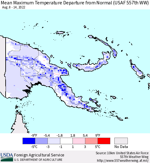 Papua New Guinea Mean Maximum Temperature Departure from Normal (USAF 557th WW) Thematic Map For 8/8/2022 - 8/14/2022