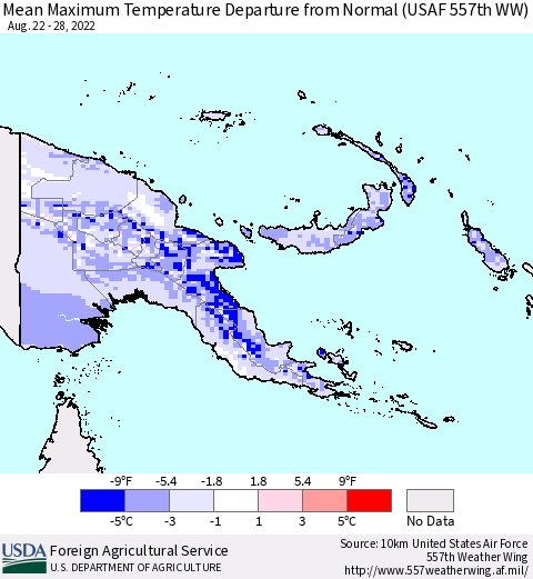 Papua New Guinea Mean Maximum Temperature Departure from Normal (USAF 557th WW) Thematic Map For 8/22/2022 - 8/28/2022