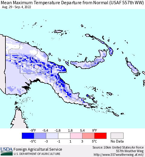 Papua New Guinea Mean Maximum Temperature Departure from Normal (USAF 557th WW) Thematic Map For 8/29/2022 - 9/4/2022