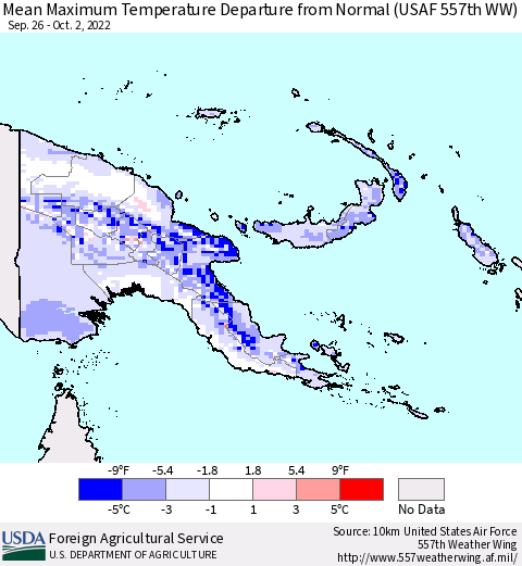 Papua New Guinea Mean Maximum Temperature Departure from Normal (USAF 557th WW) Thematic Map For 9/26/2022 - 10/2/2022