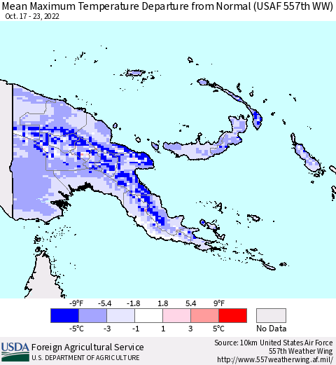 Papua New Guinea Mean Maximum Temperature Departure from Normal (USAF 557th WW) Thematic Map For 10/17/2022 - 10/23/2022