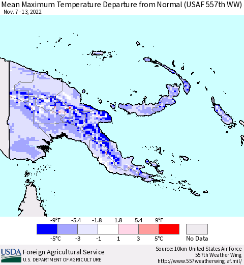 Papua New Guinea Mean Maximum Temperature Departure from Normal (USAF 557th WW) Thematic Map For 11/7/2022 - 11/13/2022