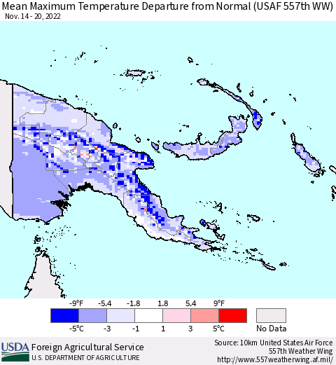 Papua New Guinea Mean Maximum Temperature Departure from Normal (USAF 557th WW) Thematic Map For 11/14/2022 - 11/20/2022