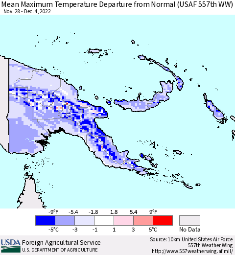 Papua New Guinea Mean Maximum Temperature Departure from Normal (USAF 557th WW) Thematic Map For 11/28/2022 - 12/4/2022