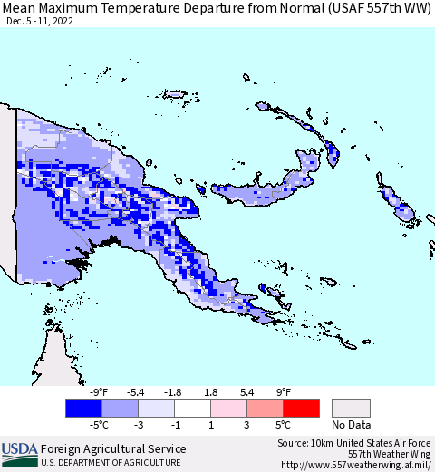 Papua New Guinea Mean Maximum Temperature Departure from Normal (USAF 557th WW) Thematic Map For 12/5/2022 - 12/11/2022