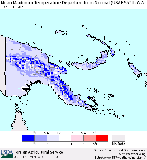 Papua New Guinea Mean Maximum Temperature Departure from Normal (USAF 557th WW) Thematic Map For 1/9/2023 - 1/15/2023