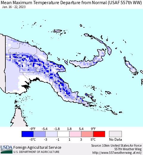 Papua New Guinea Mean Maximum Temperature Departure from Normal (USAF 557th WW) Thematic Map For 1/16/2023 - 1/22/2023