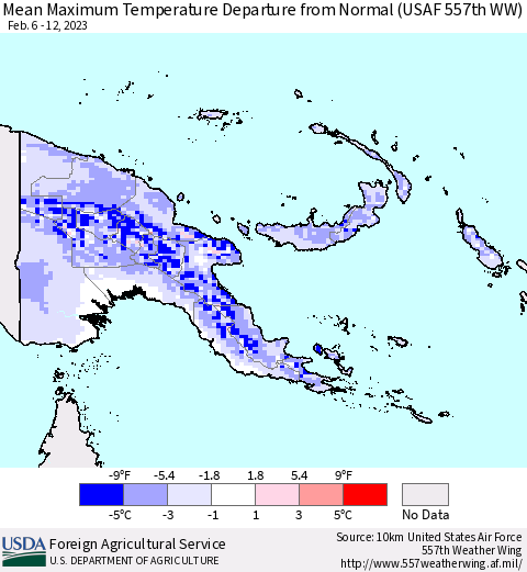 Papua New Guinea Mean Maximum Temperature Departure from Normal (USAF 557th WW) Thematic Map For 2/6/2023 - 2/12/2023