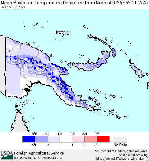 Papua New Guinea Mean Maximum Temperature Departure from Normal (USAF 557th WW) Thematic Map For 3/6/2023 - 3/12/2023