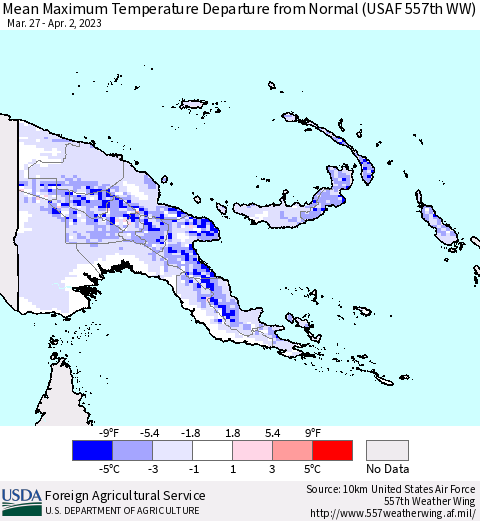 Papua New Guinea Mean Maximum Temperature Departure from Normal (USAF 557th WW) Thematic Map For 3/27/2023 - 4/2/2023