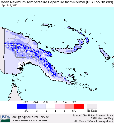 Papua New Guinea Mean Maximum Temperature Departure from Normal (USAF 557th WW) Thematic Map For 4/3/2023 - 4/9/2023