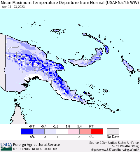 Papua New Guinea Mean Maximum Temperature Departure from Normal (USAF 557th WW) Thematic Map For 4/17/2023 - 4/23/2023