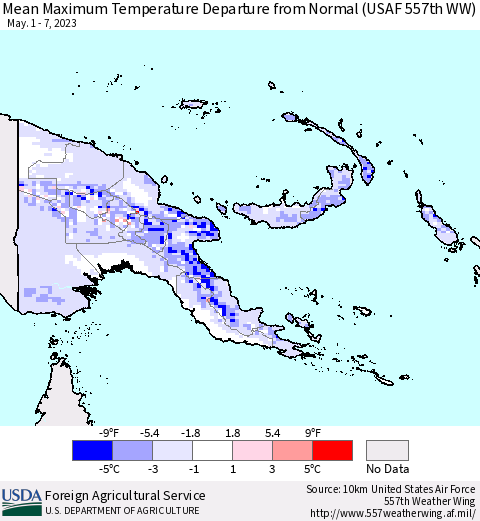 Papua New Guinea Mean Maximum Temperature Departure from Normal (USAF 557th WW) Thematic Map For 5/1/2023 - 5/7/2023