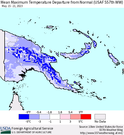 Papua New Guinea Mean Maximum Temperature Departure from Normal (USAF 557th WW) Thematic Map For 5/15/2023 - 5/21/2023