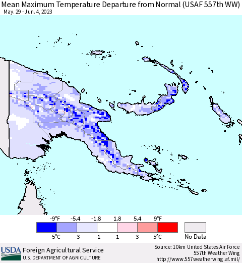 Papua New Guinea Mean Maximum Temperature Departure from Normal (USAF 557th WW) Thematic Map For 5/29/2023 - 6/4/2023