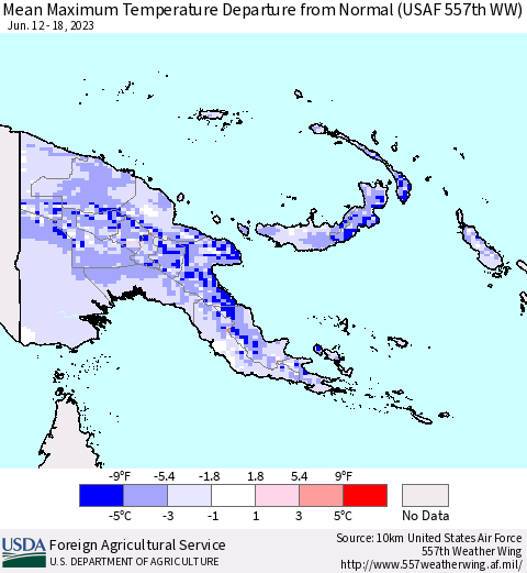 Papua New Guinea Mean Maximum Temperature Departure from Normal (USAF 557th WW) Thematic Map For 6/12/2023 - 6/18/2023
