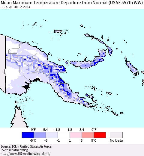 Papua New Guinea Mean Maximum Temperature Departure from Normal (USAF 557th WW) Thematic Map For 6/26/2023 - 7/2/2023