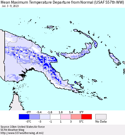 Papua New Guinea Mean Maximum Temperature Departure from Normal (USAF 557th WW) Thematic Map For 7/3/2023 - 7/9/2023