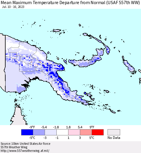 Papua New Guinea Mean Maximum Temperature Departure from Normal (USAF 557th WW) Thematic Map For 7/10/2023 - 7/16/2023