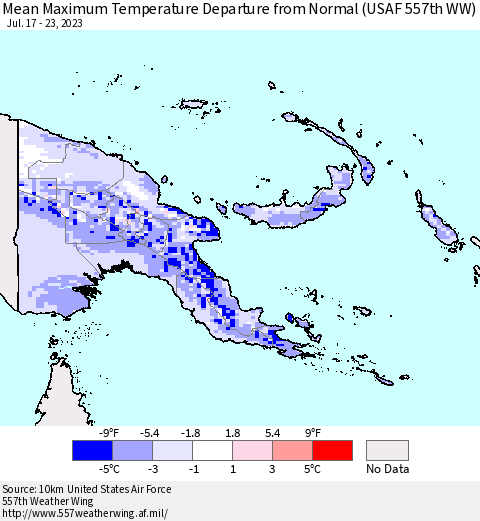 Papua New Guinea Mean Maximum Temperature Departure from Normal (USAF 557th WW) Thematic Map For 7/17/2023 - 7/23/2023