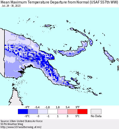 Papua New Guinea Mean Maximum Temperature Departure from Normal (USAF 557th WW) Thematic Map For 7/24/2023 - 7/30/2023