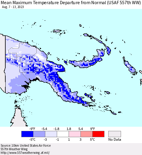 Papua New Guinea Mean Maximum Temperature Departure from Normal (USAF 557th WW) Thematic Map For 8/7/2023 - 8/13/2023