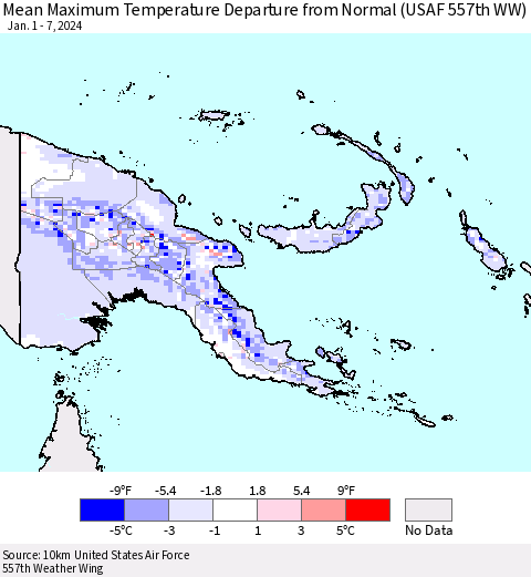 Papua New Guinea Mean Maximum Temperature Departure from Normal (USAF 557th WW) Thematic Map For 1/1/2024 - 1/7/2024