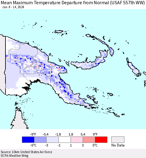 Papua New Guinea Mean Maximum Temperature Departure from Normal (USAF 557th WW) Thematic Map For 1/8/2024 - 1/14/2024