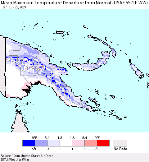 Papua New Guinea Mean Maximum Temperature Departure from Normal (USAF 557th WW) Thematic Map For 1/15/2024 - 1/21/2024