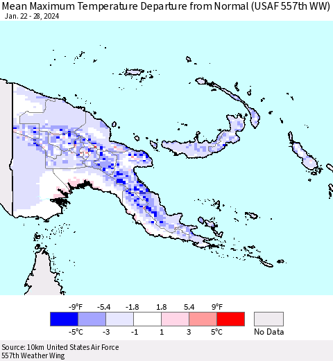 Papua New Guinea Mean Maximum Temperature Departure from Normal (USAF 557th WW) Thematic Map For 1/22/2024 - 1/28/2024