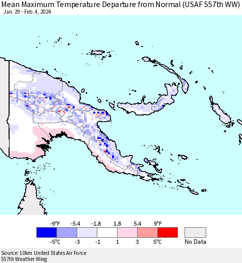 Papua New Guinea Mean Maximum Temperature Departure from Normal (USAF 557th WW) Thematic Map For 1/29/2024 - 2/4/2024
