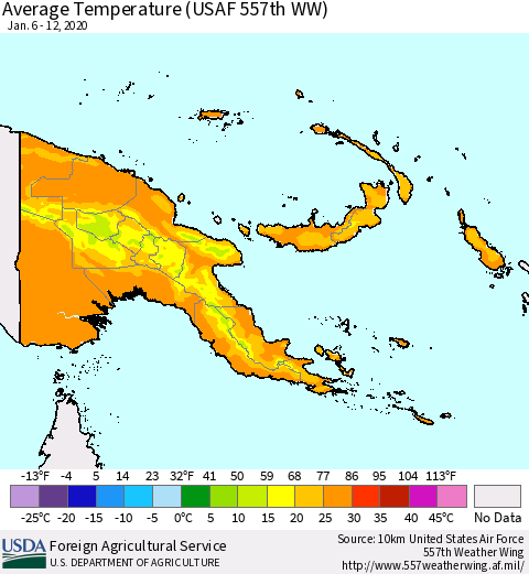 Papua New Guinea Average Temperature (USAF 557th WW) Thematic Map For 1/6/2020 - 1/12/2020