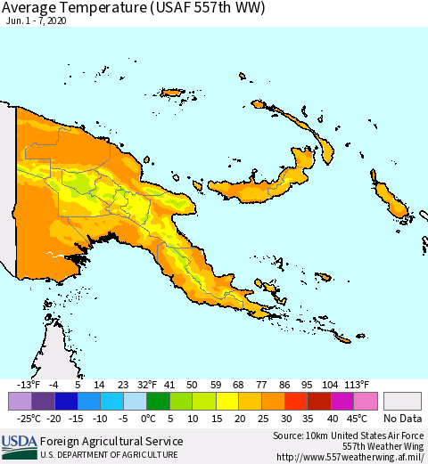 Papua New Guinea Average Temperature (USAF 557th WW) Thematic Map For 6/1/2020 - 6/7/2020
