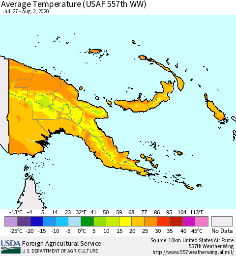 Papua New Guinea Average Temperature (USAF 557th WW) Thematic Map For 7/27/2020 - 8/2/2020